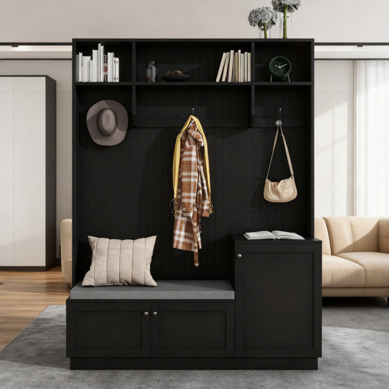 Portemanteau moderne 70 po avec banc rembourré, armoire à chaussures et porte-manteaux ON-TREND, organisateur de vestibule avec 2 armoires et 3 tablettes, noir / blanc