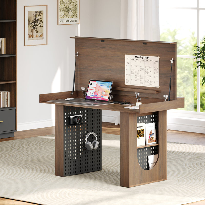 Adonia 55.1"W  Home Office Desk With Charging Station & Pegboard, Convertible Gaming / Dining Table, Soft-Close Storage, Space-Saving For Small Spaces