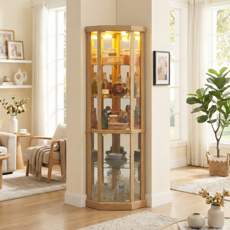 Vitrine de coin en chêne avec éclairage, Chêne