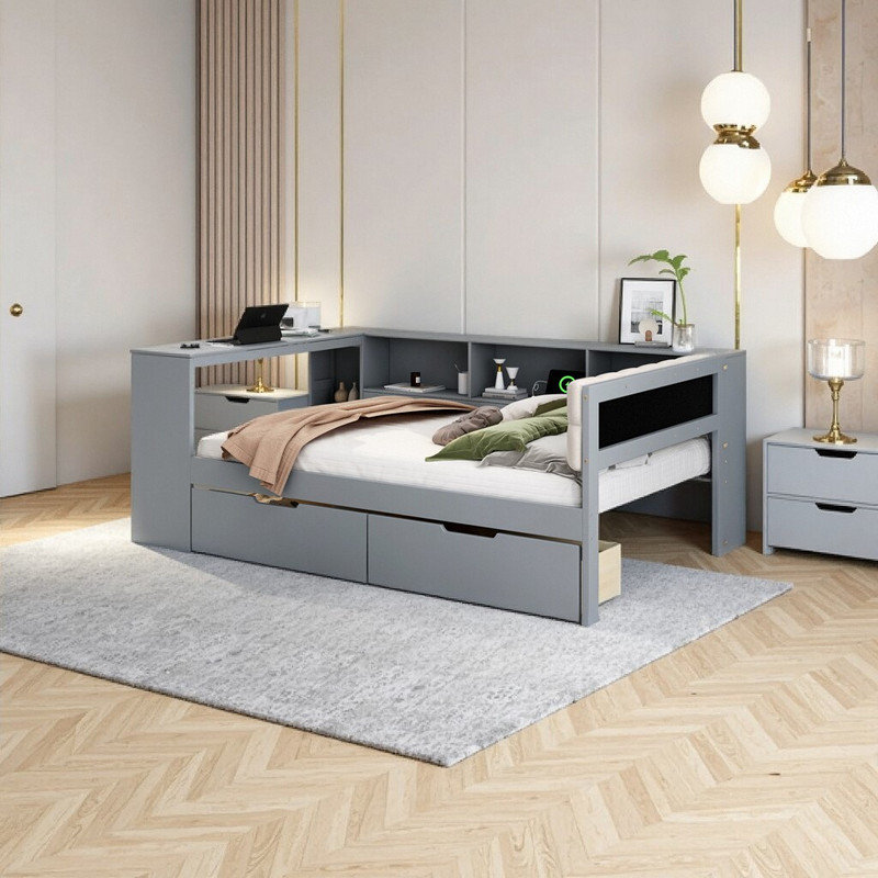 Lit plateforme double avec tête de lit rembourrée, tablettes de rangement, tiroirs et station de recharge USB L 88,3 po x l 65,1 po