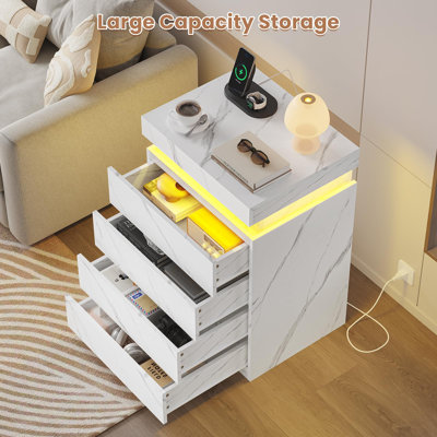 Nightstand With 4 Drawers And Led Lights,sliding Top,tall Bedside Table With Charging Station,modern End Side Table For Bedroom