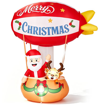 7FT Santa in Hot Air Balloon Christmas Inflatable with 5 LED Lights 210D Polyester 12V 1500mA Outdoor Holiday Yard Decor