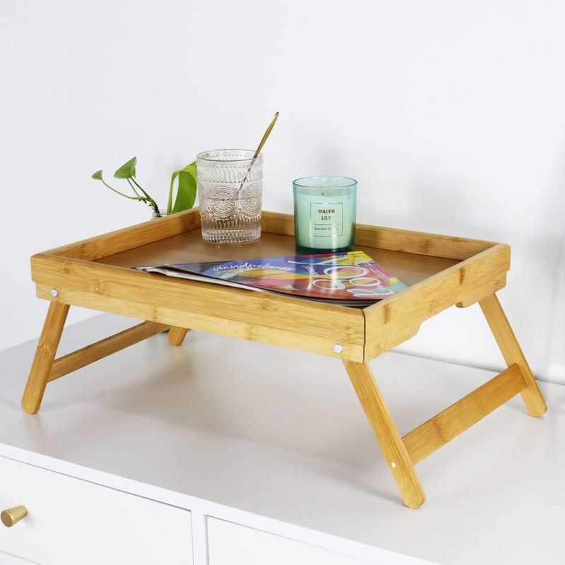 Table-plateau en bambou avec pieds pliants et plateaux de service