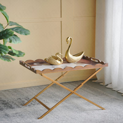23.5" X 15.5" X 24" Brown MDF Tray Table - White Swan Motif, Iron Base