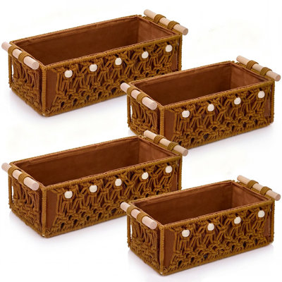 4 paniers de rangement tissés à la main en macramé Boho avec poignées et perles en bois, organisateur de comptoir pour armoire décorative