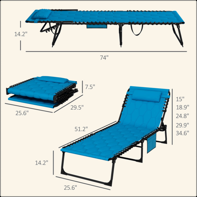 Folding Chaise Lounge Set With 5-Level Reclining Back, Outdoor Lounge Tanning Chair With Padded Seat, Side Pocket & Headrest For Beach, Yard, Patio