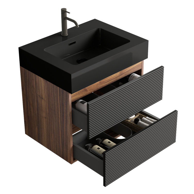 Meuble-lavabo suspendu de style moderne du milieu du siècle, 24 pouces, avec vasque monobloc, tiroirs avec trou de drainage en forme de U, panneaux de qualité E1, quincaillerie à fermeture douce et silencieuse, lavabo mural noir mat, poignée cachée.