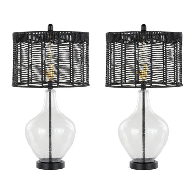 Lampe de table contemporaine 26 "en verre bullé transparent, métal noir mat et abat-jour corde en rotin noir mat Jenna de Grandview Gallery par LumiSource - ensemble de 2