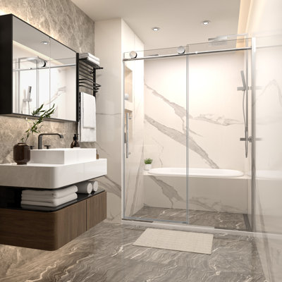 Mortix 48 po X P 74 po H Porte de douche coulissante simple sans cadre en chrome avec transparent 5/16 po Verre