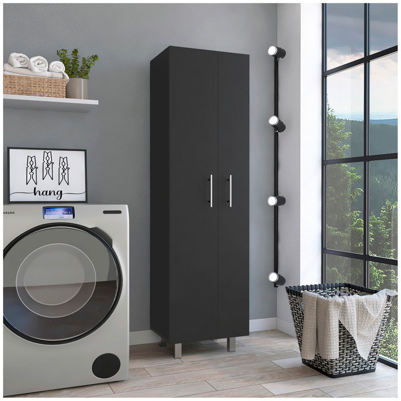 Armoire de nettoyage avec cinq tablettes et porte-balais, noir / blanc, Noir