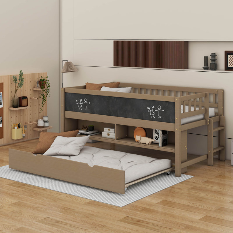 Lit mezzanine simple simple avec tablettes de rangement, tableau noir et lit gigogne, Noyer
