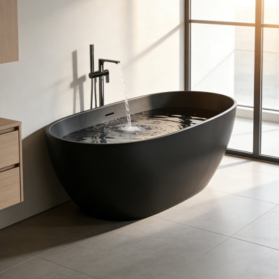 55" Matte Black Freestanding Solid Surface Bathtub