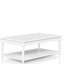 Table basse blanche avec 2 tiroirs et rangement, en bois massif et deux espaces de rangement, aspect transitionnel