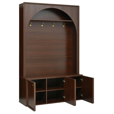 Farmhouse All-In-One Hall Tree With Adjustable Shelves, Retro Arched Entryway Storage Bench With 3 Cabinets, Wooden Coat Rack Organizer With 4 Golden Hooks For Mudroom, Hallway, Walnut