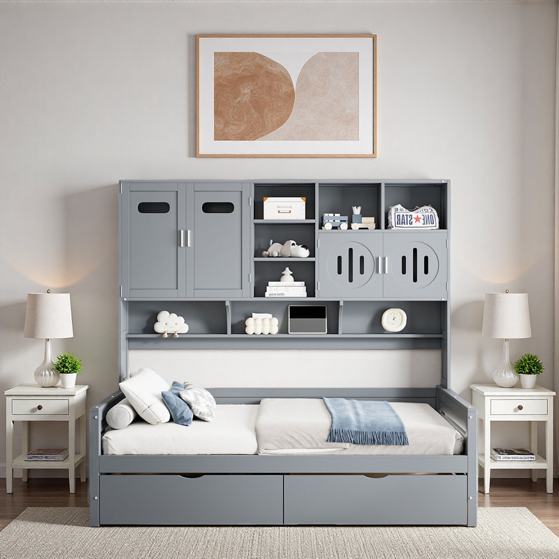 Lit de jour tout-en-un en bois avec 2 tiroirs, armoires et tablettes, Lit simple, Gris