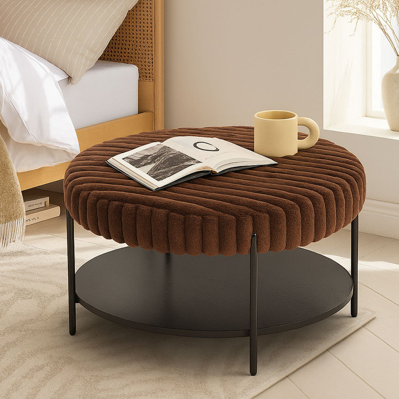 Table basse ronde avec repose-pieds rembourré et rembourré avec table de rangement et plateau de rangement, Gris anthracite