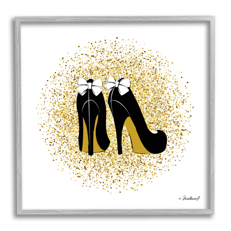 «Gold Glitz Fashion Bow High Heels Abstract Splatter» par Martina Pavlova - impression, H 17 po x l 17 po