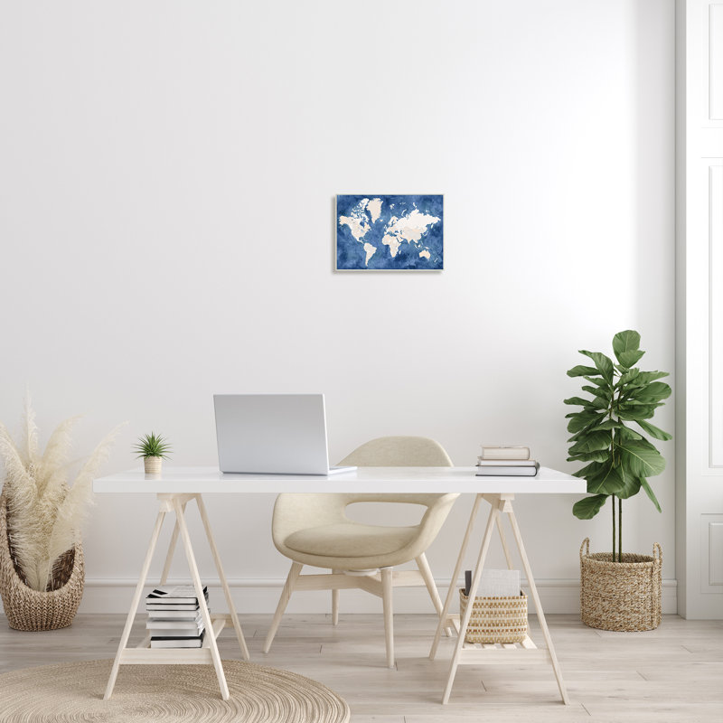 «Country Border World Map Deep Blue Ocean», impression, Plaque murale, H 10 po x l 15 po x P 0,5 po