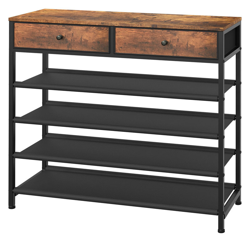 Rustic Brown 5-Tier Shoe Rack with Fabric Shelves and Wooden Top