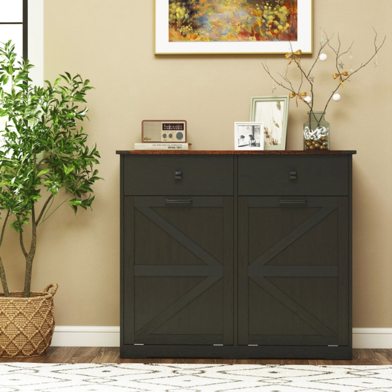 Armoire poubelle noire pour la cuisine, peut contenir 20 gallons, espace et anti-odeurs, avec une finition élégante facile à entretenir, poignées rétro en métal brun