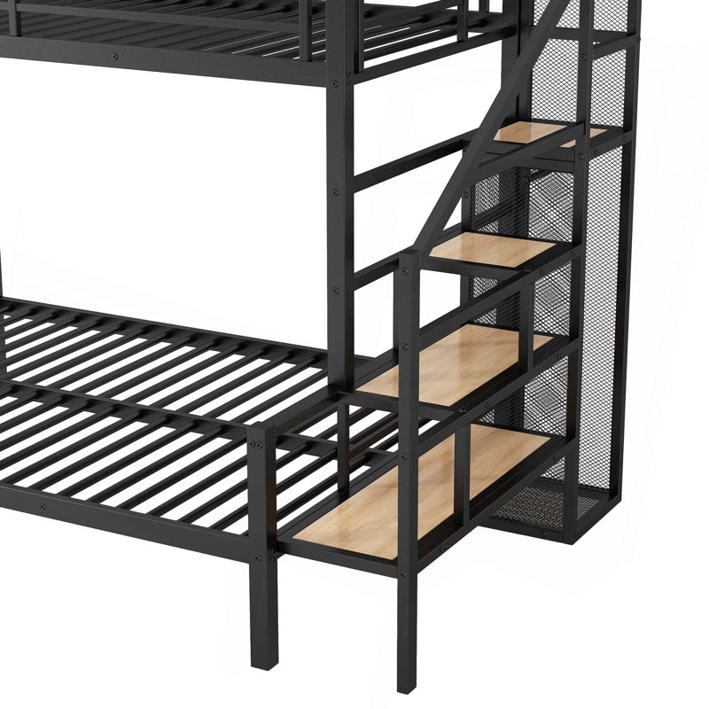 Lit superposé simple au dessus d'un lit double en métal avec escalier de rangement et garde-robe ouverte, Noir