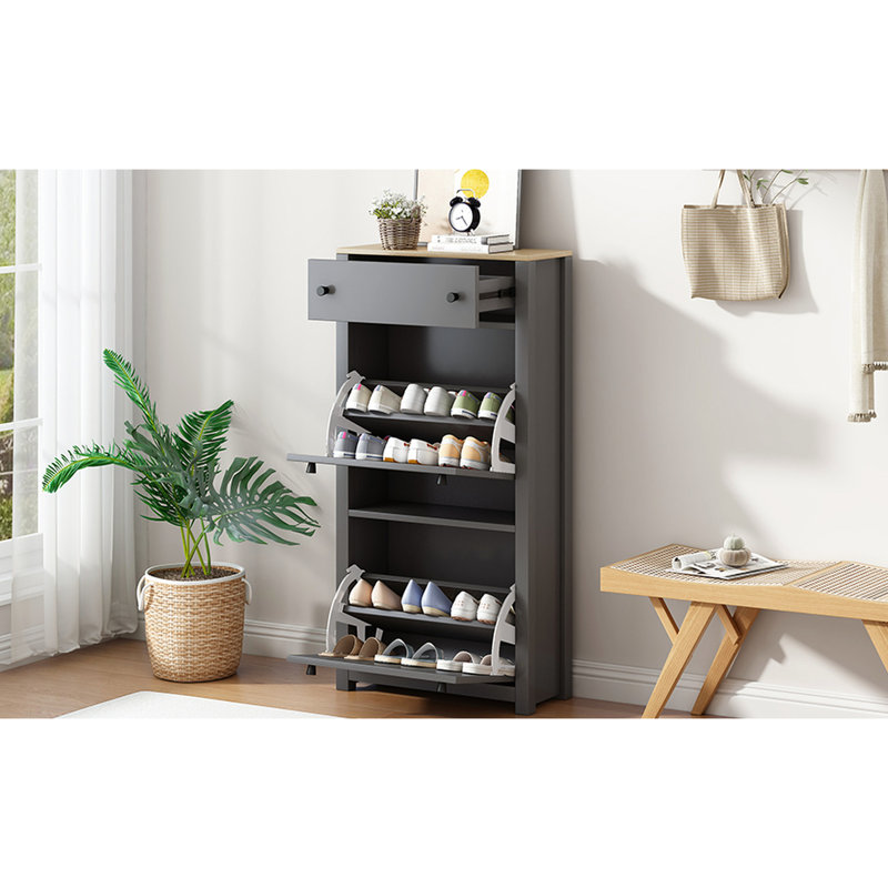 Armoire de rangement pour chaussures grise avec 2 tiroirs rabattables et des cloisons personnalisables pour les placards de couloir personnalisables