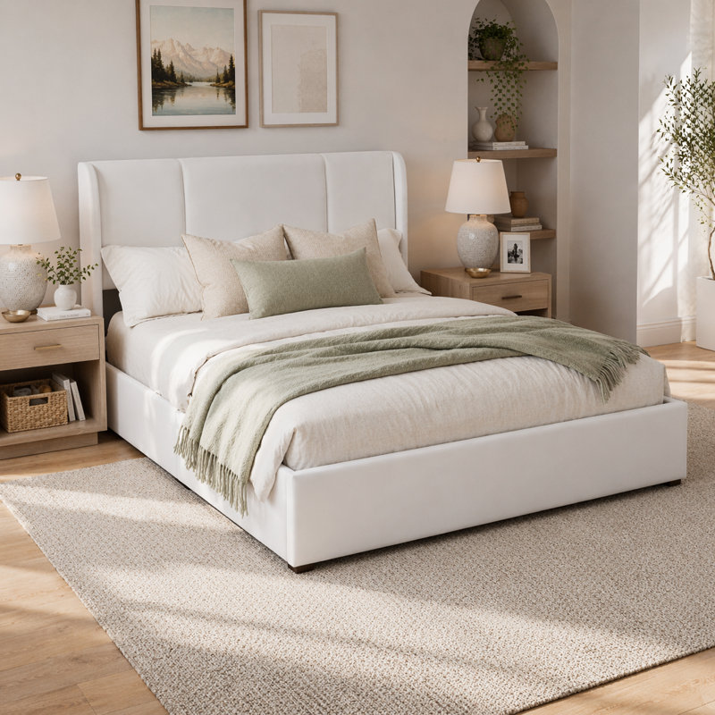 Braya Upholstered Platform Storage Bed With 4 Drawers,White Queen, White, Queen