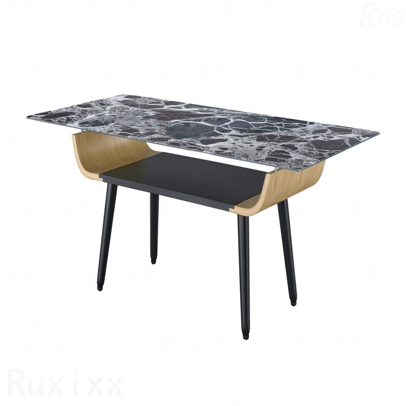 Table basse l 47 po avec plateau en verre marbré et bois cintré noir, Noir