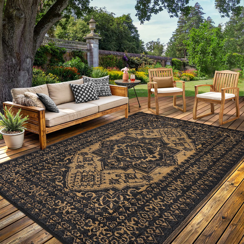 9' x 12' Reversible Outdoor Rug, Waterproof Plastic Straw with Vintage Medallion Pattern, Lightweight and Easy-Clean Patio Mat for Deck, Balcony, Camping or Beach
