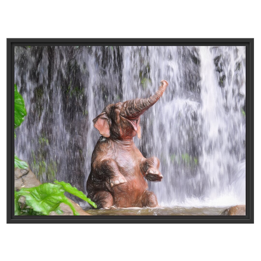 Gerahmter Grafikdruck Baby Elephant at a Waterfall