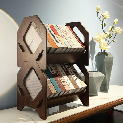 Desktop Bookshelf, Stackable Book Organizer With Handle,Portable Small Bookshelf,(2 Pack/Brown)