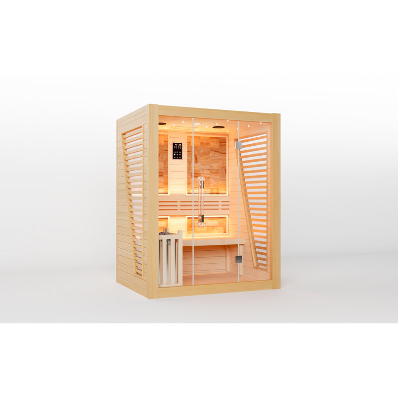 Hylivesaunas Wood Home Steam Sauna, WiFi Control 3 Person Canadian Hemlock Traditional Luxurious Wooden Indoor Spa Room, with 4.5 kw Heater, Speaker, Rocks, Water Bucket, Spoon, Sky Lights