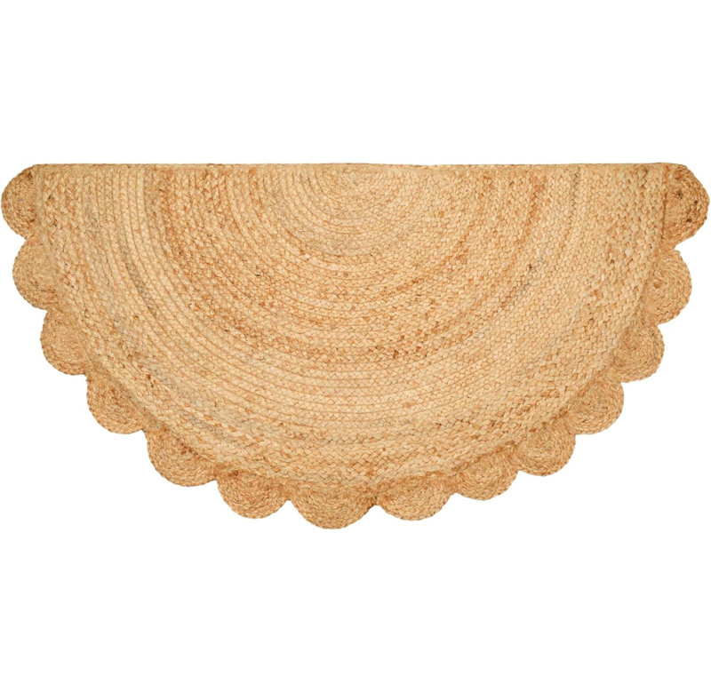 Half Hand-Woven Jute Rug - Braided Scalloped Border | 22x42" Natural | Living Room/Kitchen Decor