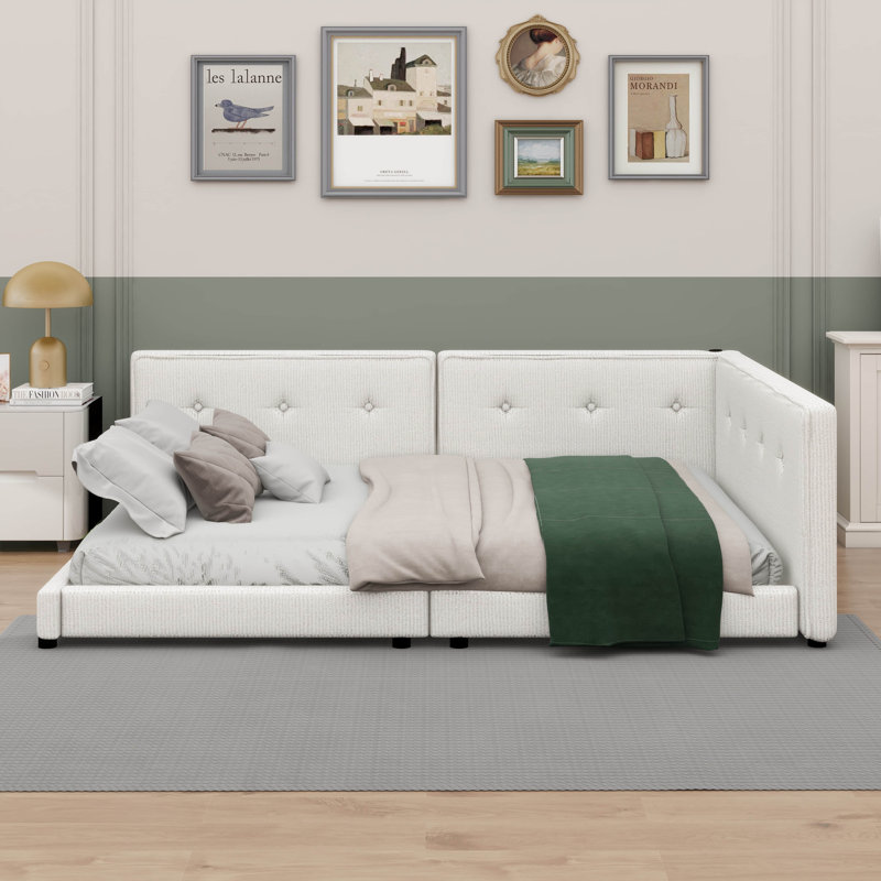 Lit plateforme tapissier avec ports USB intégrés, Beige, Complet/Double