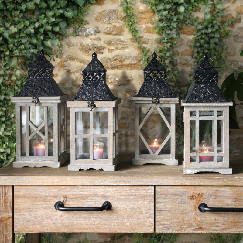 Ensemble de lanternes carrées 4 pièces, H 16,5 po x l 7 po x P 7 po, Brun / Noir