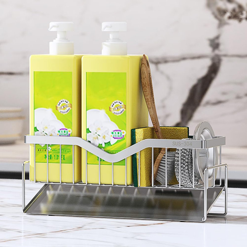 Organisateur d'évier de cuisine en acier inoxydable avec plateau de vidange rapide - Porte-savon antirouille, porte-éponge et brosse à vaisselle pour l'organisation de l'évier - 11 x 3,7 x 4,5 po