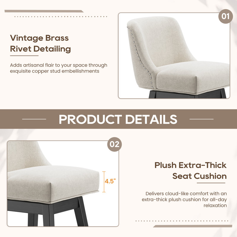 360°Bar Counter Stool with Solid Wood Frame, Beige