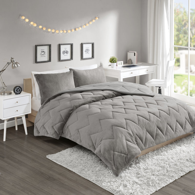Ensemble d’édredon réversible, gris, Édredon très grand et 2 taies décoratives