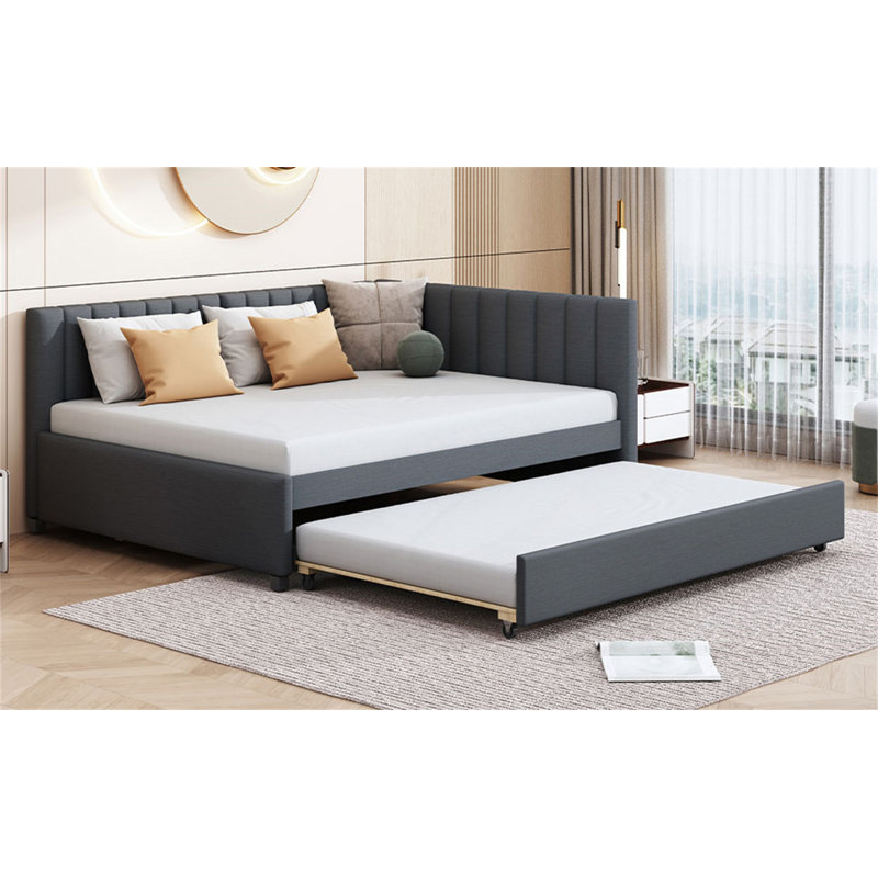 Lit de jour double rembourré avec lit gigogne double, Complet/Double, Gris