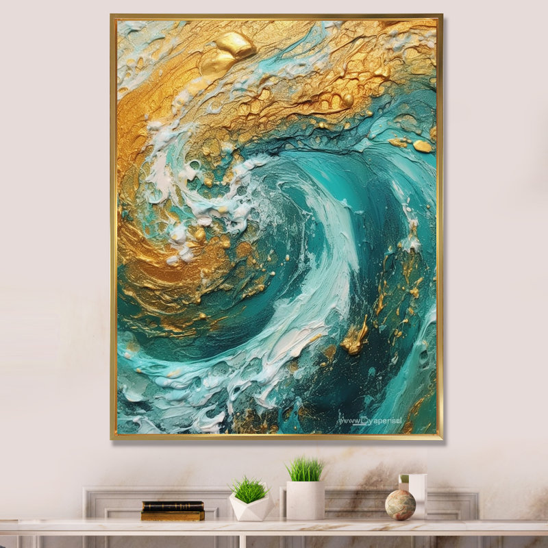 Vagues dorées tourbillonnantes, peinture I - décoration murale spirales abstraites, 44" H x 34" W, Cadre flottant doré