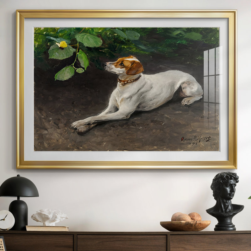 Fox-terrier avec un papillon - Bruno Liljefors - reproduction encadrée avec passe-partout et verre - 1891, 26,5 x 36,5, Doré