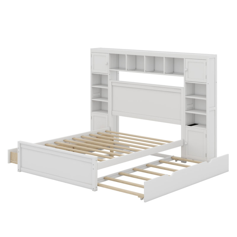 Lit en bois avec armoire tout-en-un, tablette et prises, lit gigogne, Blanc