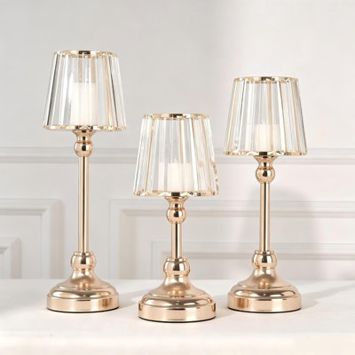 3 Piece Metal Tabletop Hurricane Candle Holders, Gold Modern Pillar Candlesticks