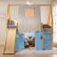 Lit mezzanine pleine grandeur pour chambre d'enfant en bois massif fantaisiste bleu classique avec glissade intégrée