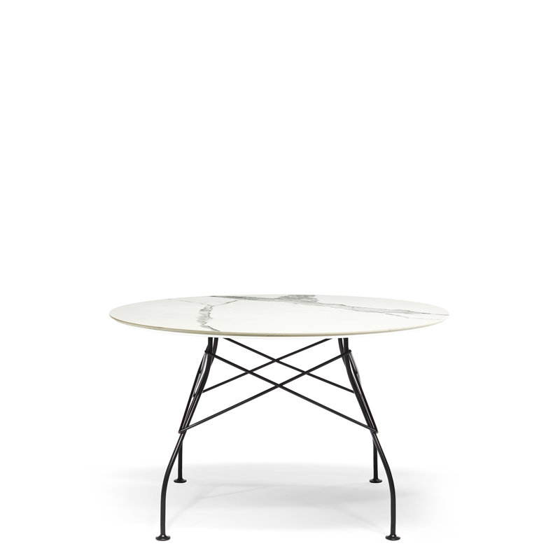 Table ronde brillante, Noir, Marbre blanc, L 46,46 po x L 46,46 po