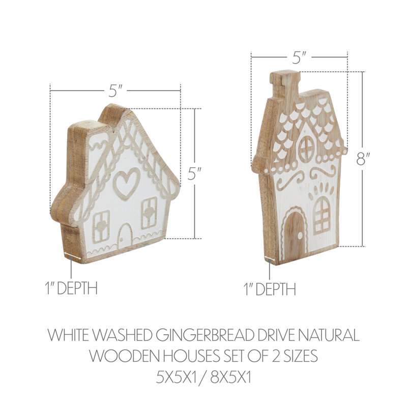 Ensemble de 2 maisons en bois naturel à motif de pain d'épice blanc délavé - 5 x 5 x 1/8 x 5 x 1