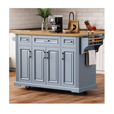 Large Kitchen Island with Rubber Wood Drop Leaf - Embossed Texture Rolling Cart (4 Wheels), 4 Doors & 3 Drawers for Kitchen/Dining Room by One Allium Way