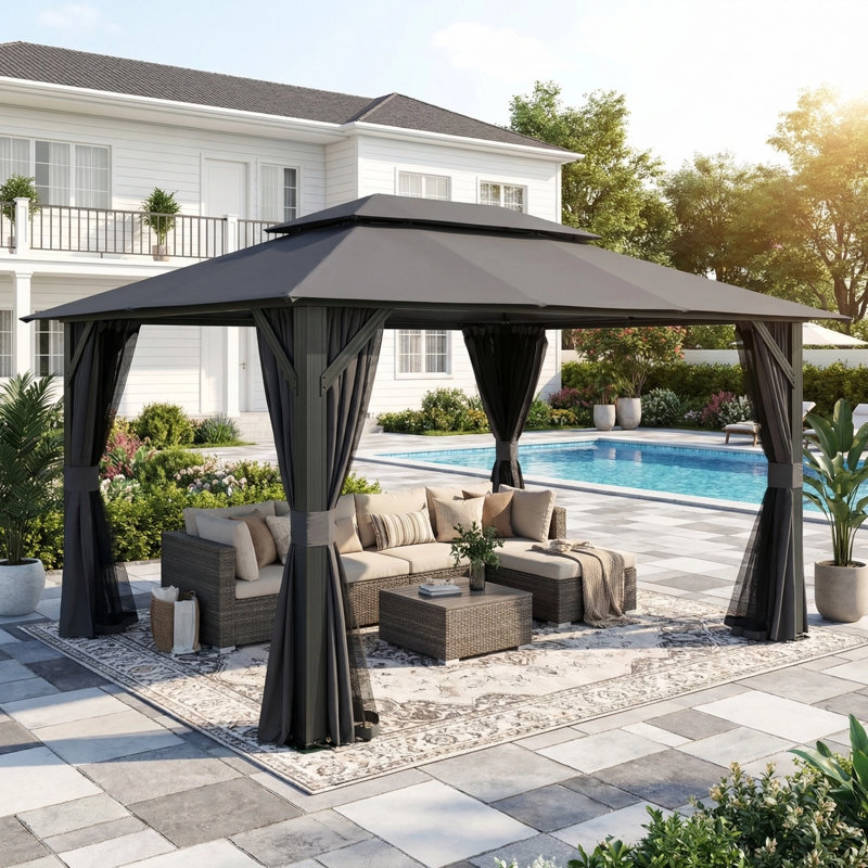 10'x13' Outdoor Gazebo, Soft Top Double Roof Patio Tent with Mosquito Netting & Privacy Curtains for Backyard, Gray