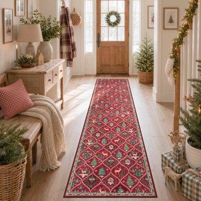 Laziya Christmas Moroccan Vintage Animal Print Washable Non Slip Red Area Rugs Festive Holiday Carpet