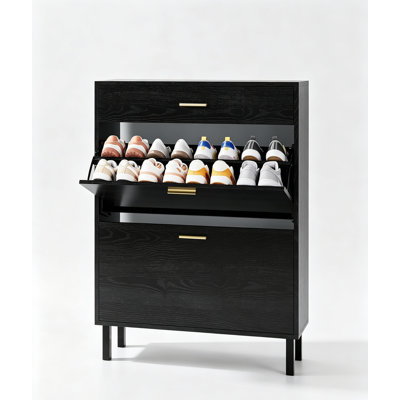 Armoire de rangement à chaussures à 3 niveaux avec 2 tiroirs rabattables, organisateur de vestibule autoportant avec tablettes réglables, étagère à chaussures cachée